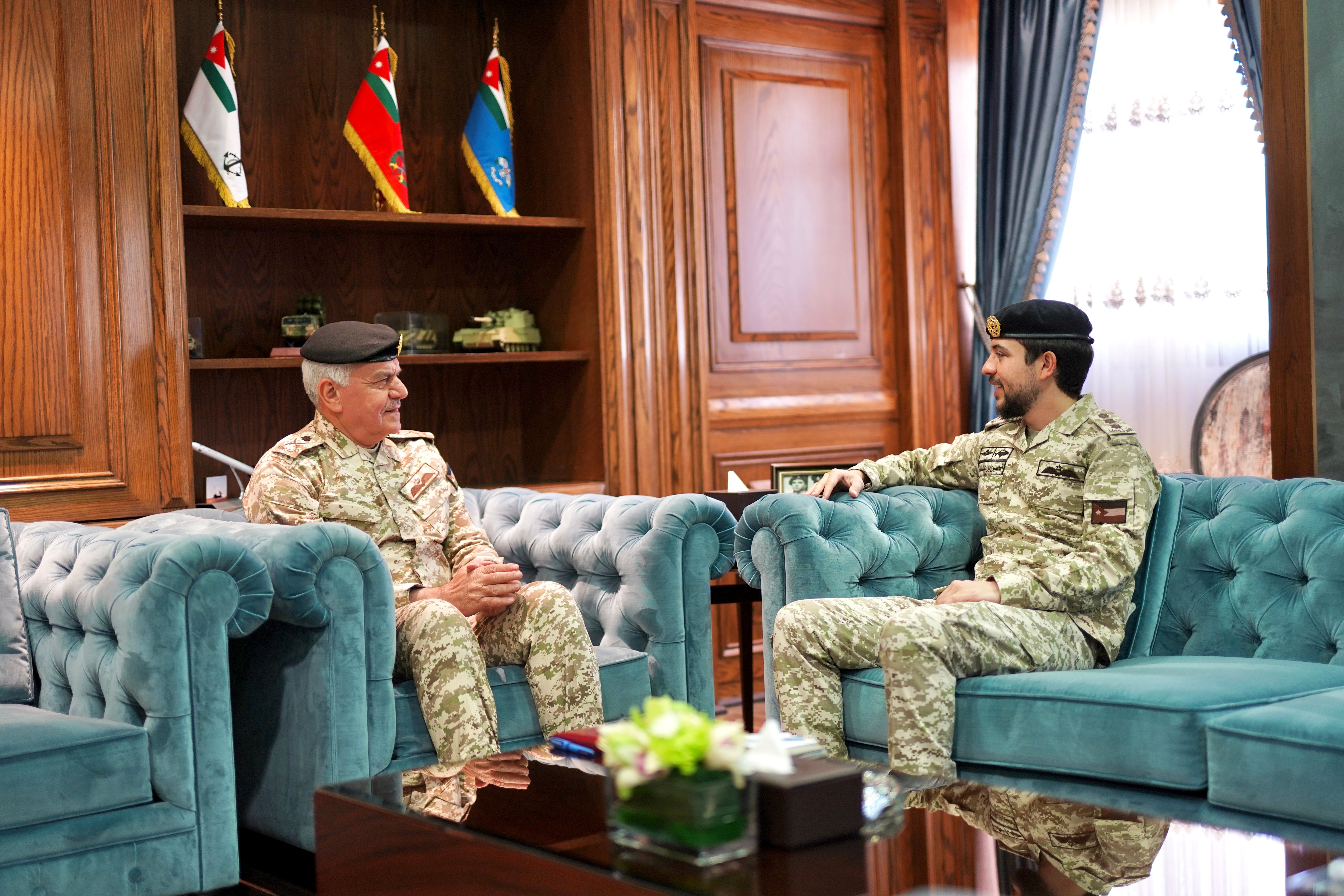 HRH Crown Prince Hussein meets with Chairman of the Joint Chiefs of Staff Maj. Gen. Yousef Huneiti during a visit to the General Command of the Jordan Armed Forces-Arab Army on Monday (Photo courtesy of Royal Court)